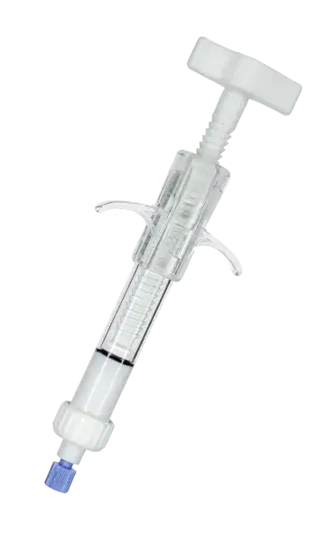 A syringe featuring a blue handle and a white needle, positioned upright against a neutral background.