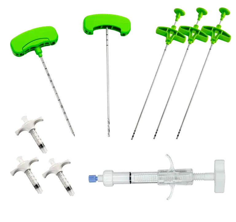 A collection of green plastic needles alongside various crafting tools and supplies on a white background.